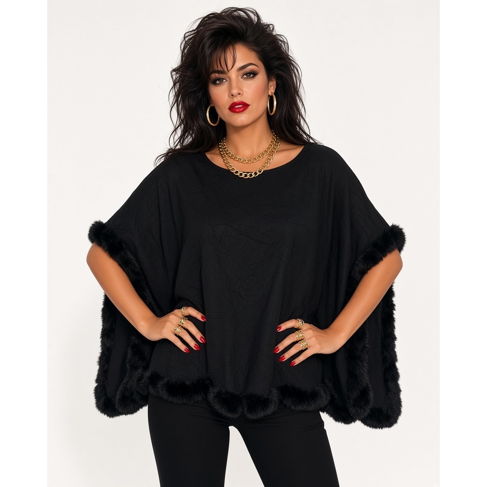 Chico's Black Faux Fur Trim Sweater Poncho Cashmere Blend L/XL Mobwife Classic